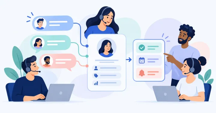 Equipe de atendimento reúne balões de conversa em uma ficha de cliente com responsável e próxima ação
