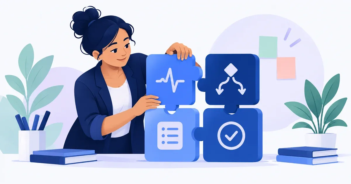 Pessoa organiza peças de uma sequência automática com evento, decisão, tarefa e conferência