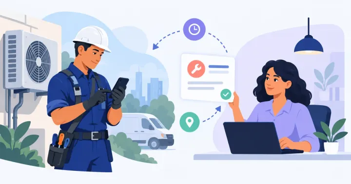 Técnico em campo registra um serviço no celular enquanto a coordenadora acompanha uma ficha de execução