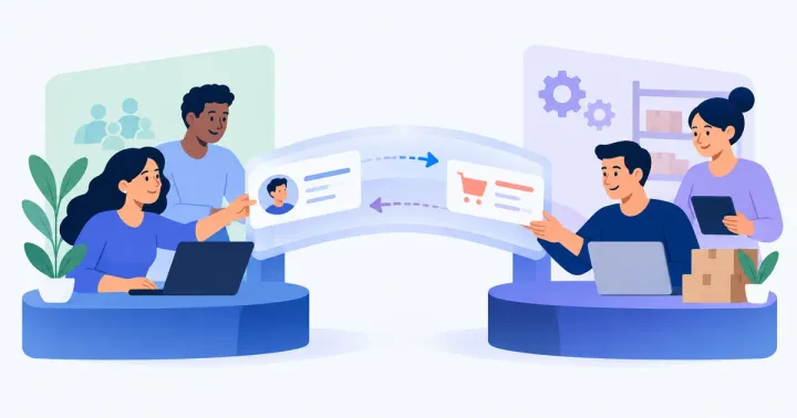 Duas mesas de trabalho, comercial e gestão, compartilham cartões de clientes e pedidos por uma ponte central