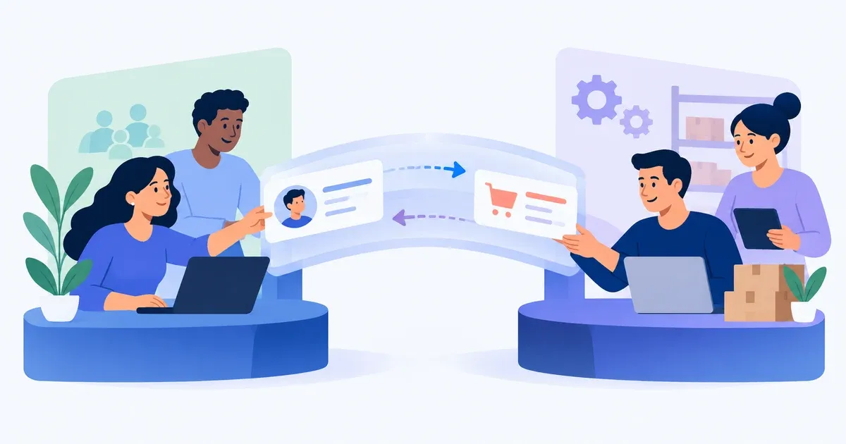 Duas mesas de trabalho, comercial e gestão, compartilham cartões de clientes e pedidos por uma ponte central