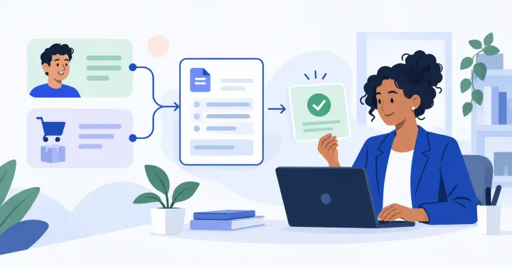 Pedido e ficha de cliente se conectam a uma cobrança, com o financeiro conferindo uma confirmação recebida
