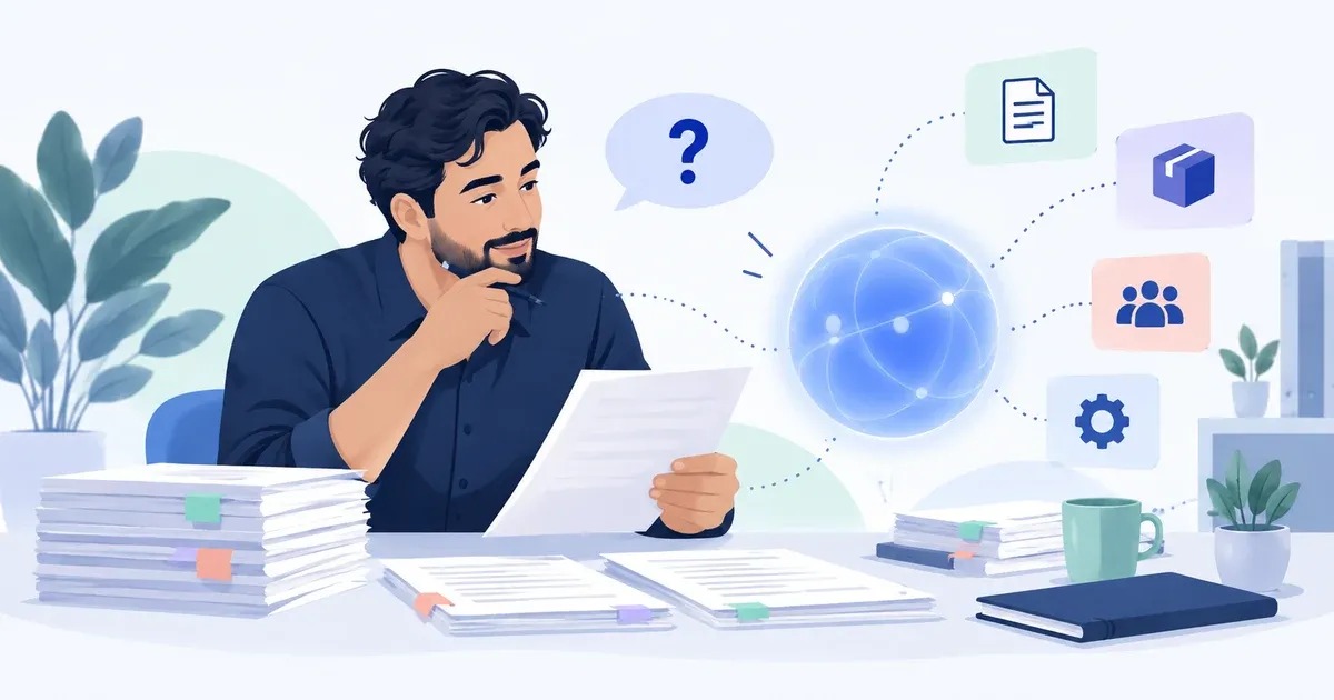 Gestor consulta uma esfera azul que representa a IA e confere fichas da operação antes de definir uma ação