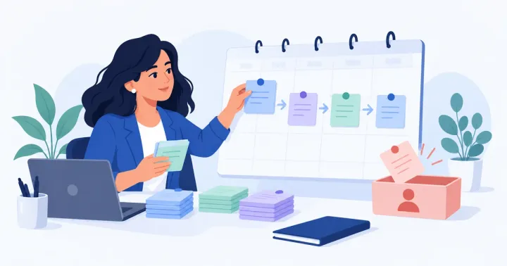 Profissional do financeiro organiza lembretes em uma linha de calendário e separa uma conversa que precisa de revisão