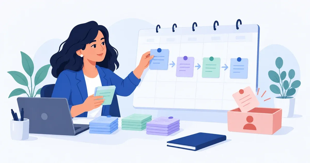 Profissional do financeiro organiza lembretes em uma linha de calendário e separa uma conversa que precisa de revisão