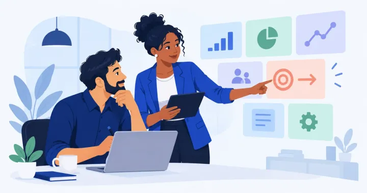 Gestora observa cartões abstratos de métricas e decide o próximo passo com sua equipe, sem números ou gráfico factual