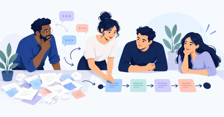 Equipe transforma papéis e conversas dispersas em um caminho de trabalho organizado sobre uma mesa