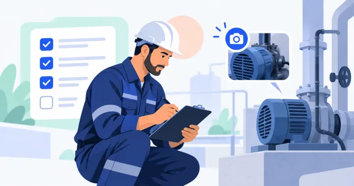 Técnico confere um equipamento e registra foto e itens de verificação em uma prancheta digital abstrata