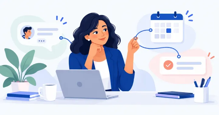 Vendedora conecta uma conversa de cliente a um calendário e a um cartão de próxima ação